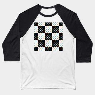 Primary Coloured Discs on Black & White Check Baseball T-Shirt